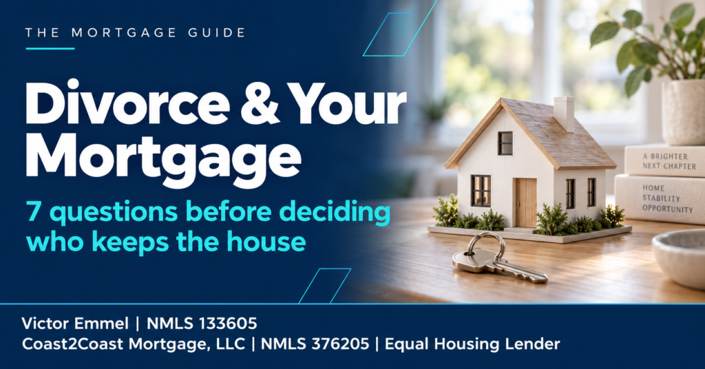 Divorce and your mortgage: seven questions before deciding who keeps the house, with a model home and keys.